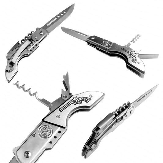 Canivete Automático Multiuso Aço Inox Abridor e Saca Rolhas Old West