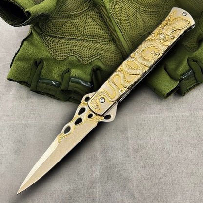 Canivete De Aço Inox Dragão Chinês Em Relevo Saque Rápido C/ Clipe E Trava