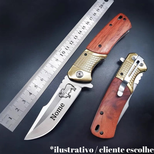 Canivete Personalizado Cabo De Madeira Dourado Afiado Semi Automático CF-50