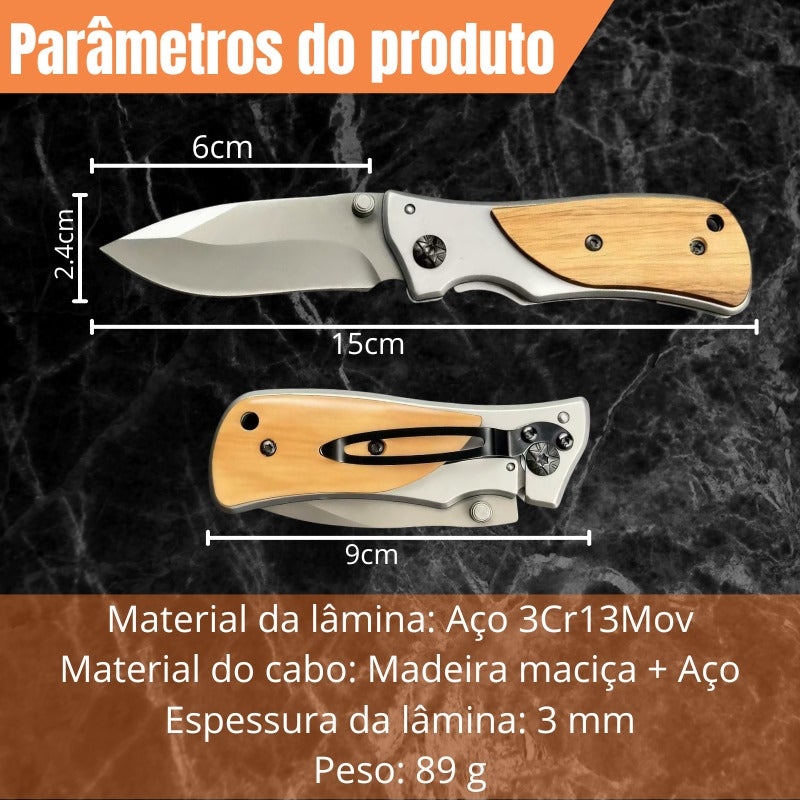 Canivete Personalizado Nogueira Utilitário Profissional Aço Inox com Clip