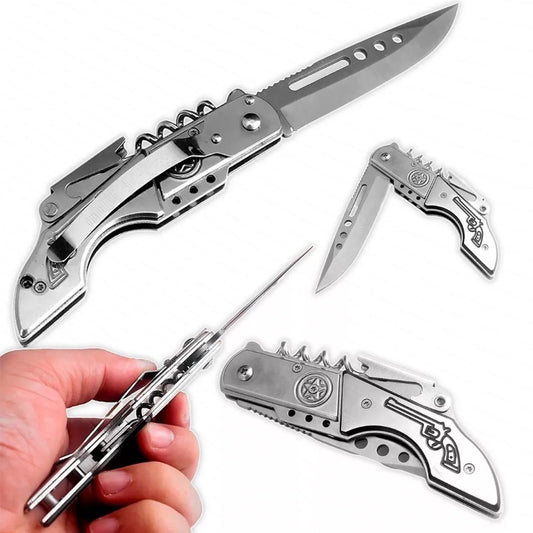 Canivete Automático Multiuso Aço Inox Abridor e Saca Rolhas Old West