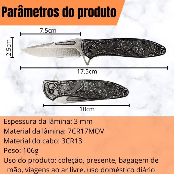 Canivete De Aço Inoxidavel Com Estampa De Lobo Em Relevo 17,5cm Saque Rápido C/ Clip E Trava