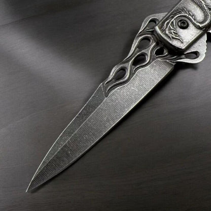 Canivete De Aço Inox Dragão Chinês Em Relevo Saque Rápido C/ Clipe E Trava