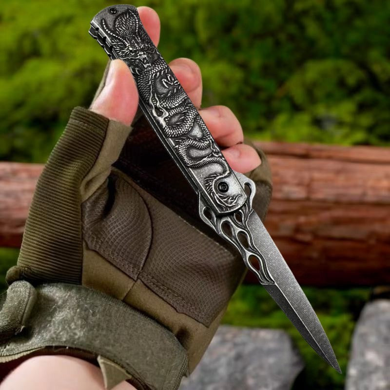 Canivete De Aço Inox Dragão Chinês Em Relevo Saque Rápido C/ Clipe E Trava