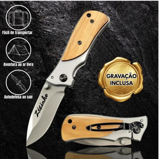 Canivete Personalizado Nogueira Utilitário Profissional Aço Inox com Clip