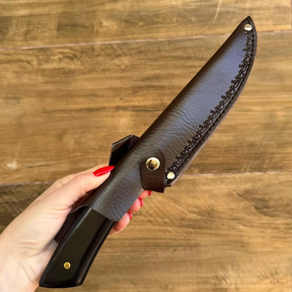 Faca Artesanal Cabana Grill Profissional Churrasco Aço Inox com Bainha de Couro