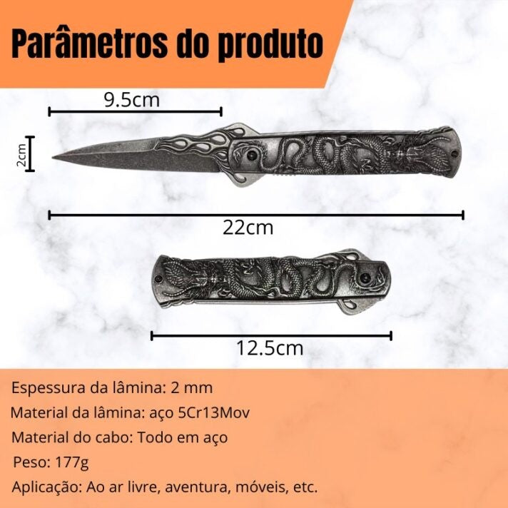 Canivete De Aço Inox Dragão Chinês Em Relevo Saque Rápido C/ Clipe E Trava