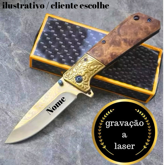 Canivete Imperial Luxo Aço Inox com Detalhes em Dourado e Madeira