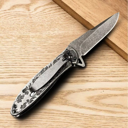 Canivete De Aço Inoxidavel Com Estampa De Lobo Em Relevo 17,5cm Saque Rápido C/ Clip E Trava