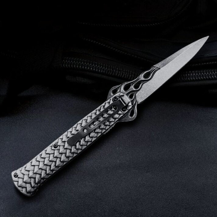 Canivete De Aço Inox Dragão Chinês Em Relevo Saque Rápido C/ Clipe E Trava