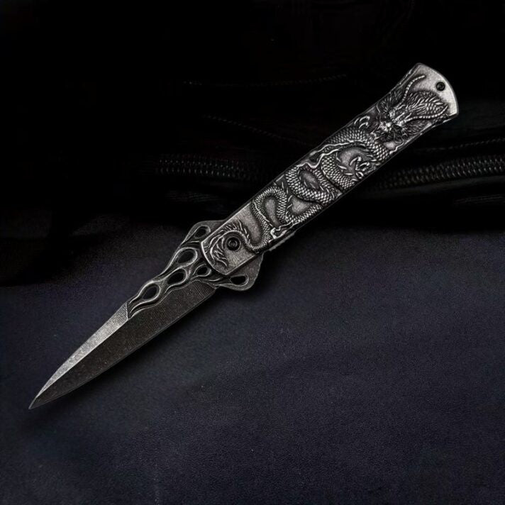 Canivete De Aço Inox Dragão Chinês Em Relevo Saque Rápido C/ Clipe E Trava